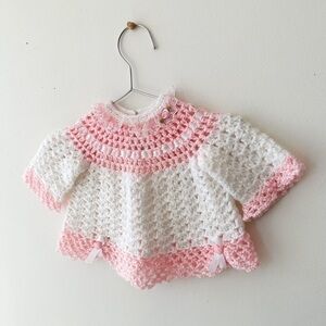 Vintage - Knit Baby Sweater - Lace & Rosette Details - Pink & White - Size 0-3m